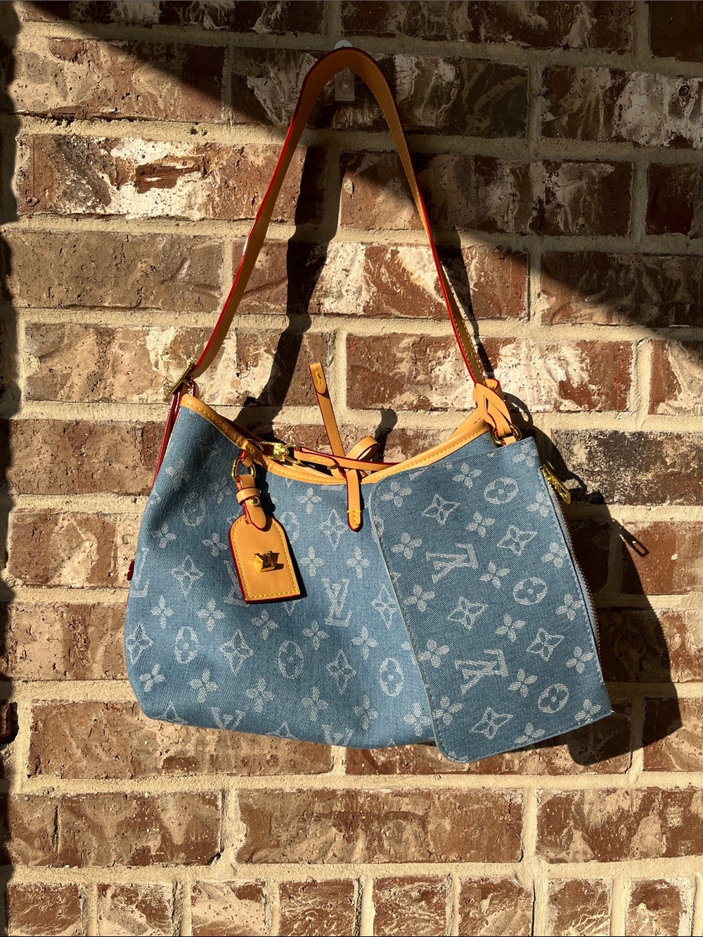 Denim Monogram Shoulder Bag with Tan Leather Trim